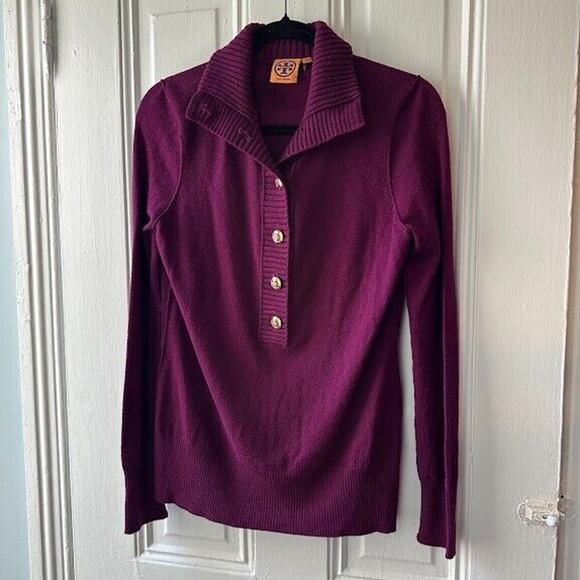 Tory Burch Sweaters - Tory Burch Sweater Womens M Purple Wool Cashmere Audra Mock Neck Gold Buttons
